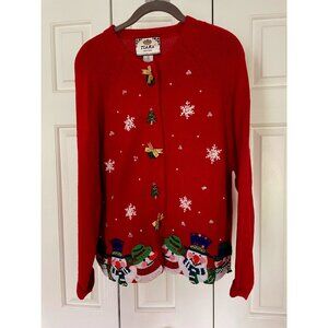 Tiara Petites Red Ugly Christmas Sweater Snowman Snowflake Applique Sequin Pearl